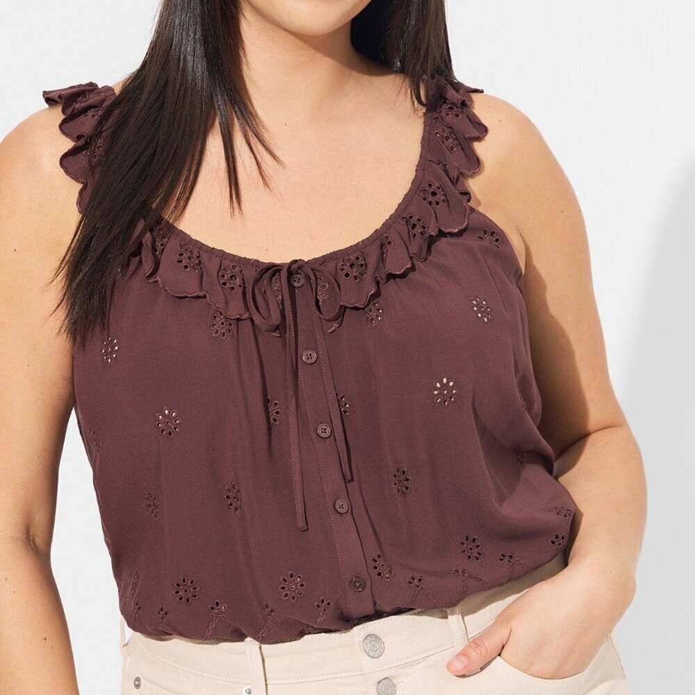 Eyelet Ruffle Tie Front Tank Top - Picture 2 of 4